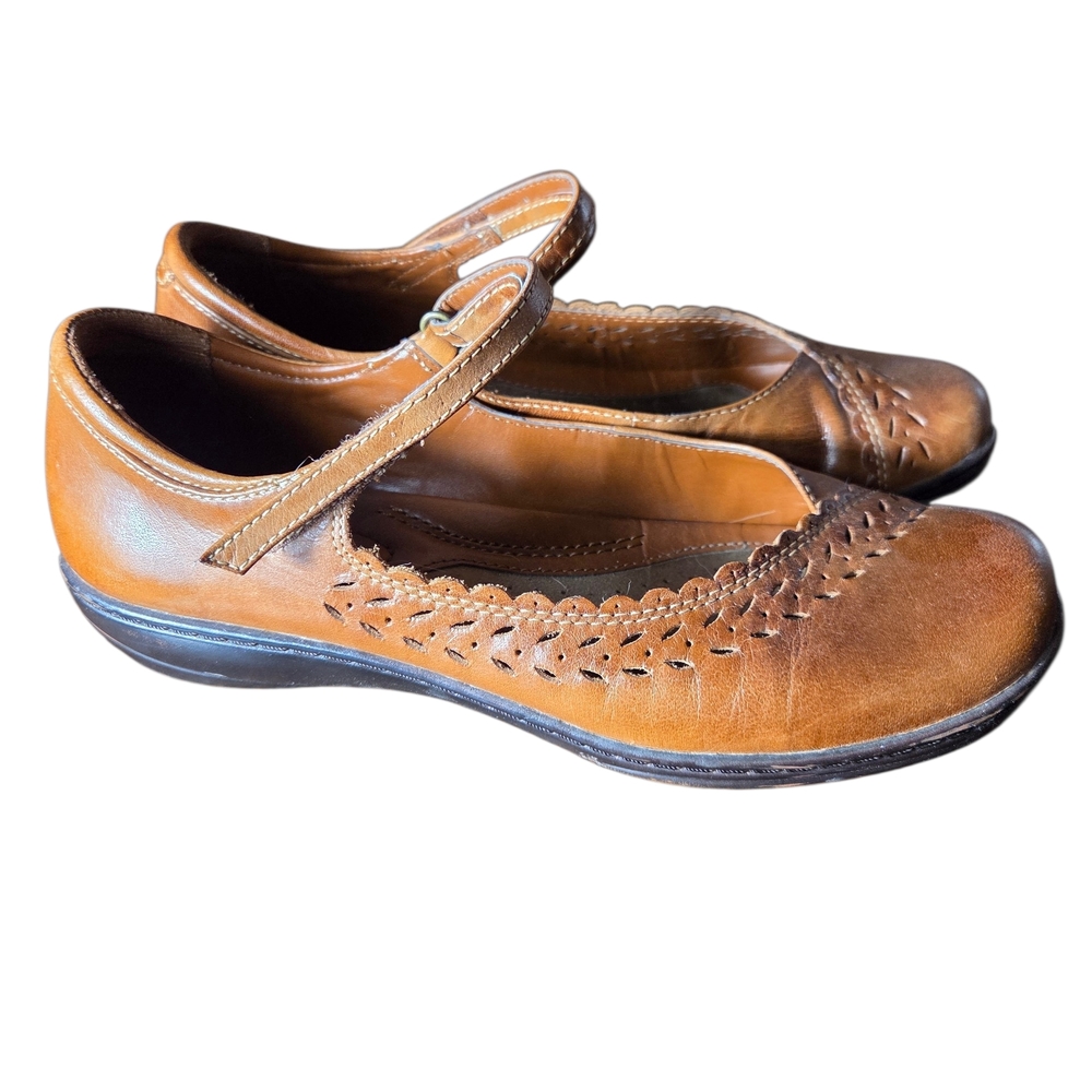 Michele Brown Leather Mary Jane Flats with Cutout Detail